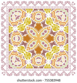 Decorative colorful background, geometric floral doodle pattern with ornate lace frame. Tribal ethnic mandala ornament. Bandanna shawl, tablecloth fabric print, silk neck scarf, kerchief design
