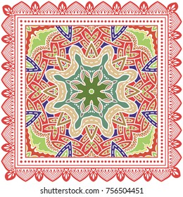 Decorative colorful background, geometric floral doodle pattern with ornate lace frame. Tribal ethnic mandala ornament. Bandanna shawl, tablecloth fabric print, silk neck scarf, kerchief design