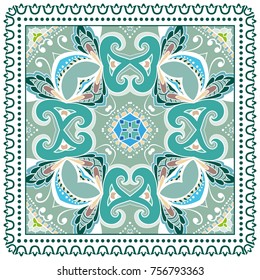Decorative colorful background, geometric floral doodle pattern with ornate lace frame. Tribal ethnic mandala ornament. Bandanna shawl, tablecloth fabric print, silk neck scarf, kerchief design