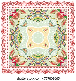 Decorative colorful background, geometric floral doodle pattern with ornate lace frame. Tribal ethnic mandala ornament. Bandanna shawl, tablecloth fabric print, silk neck scarf, kerchief design