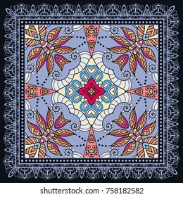 Decorative colorful background, geometric floral doodle pattern with ornate lace frame. Tribal ethnic mandala ornament. Bandanna shawl, tablecloth fabric print, silk neck scarf, kerchief design