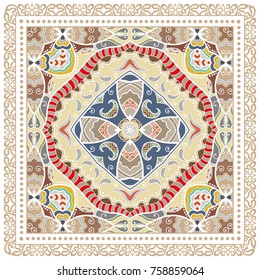 Decorative colorful background, geometric floral doodle pattern with ornate lace frame. Tribal ethnic mandala ornament. Bandanna shawl, tablecloth fabric print, silk neck scarf, kerchief design