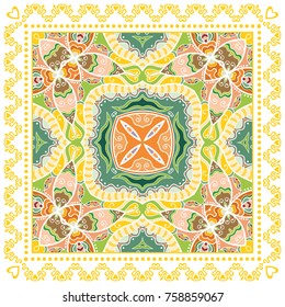 Decorative colorful background, geometric floral doodle pattern with ornate lace frame. Tribal ethnic mandala ornament. Bandanna shawl, tablecloth fabric print, silk neck scarf, kerchief design