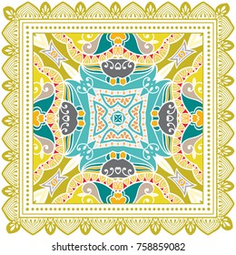 Decorative colorful background, geometric floral doodle pattern with ornate lace frame. Tribal ethnic mandala ornament. Bandanna shawl, tablecloth fabric print, silk neck scarf, kerchief design