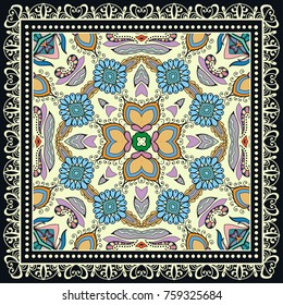 Decorative colorful background, geometric floral doodle pattern with ornate lace frame. Tribal ethnic mandala ornament. Bandanna shawl, tablecloth fabric print, silk neck scarf, kerchief design