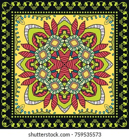 Decorative colorful background, geometric floral doodle pattern with ornate lace frame. Tribal ethnic mandala ornament. Bandanna shawl, tablecloth fabric print, silk neck scarf, kerchief design