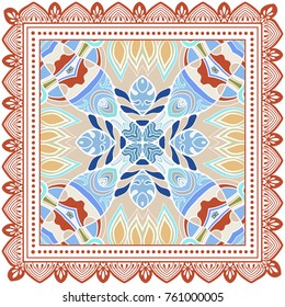 Decorative colorful background, geometric floral doodle pattern with ornate lace frame. Tribal ethnic mandala ornament. Bandanna shawl, tablecloth fabric print, silk neck scarf, kerchief design