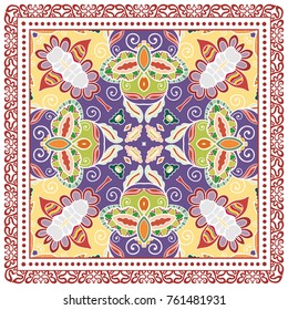 Decorative colorful background, geometric floral doodle pattern with ornate lace frame. Tribal ethnic mandala ornament. Bandanna shawl, tablecloth fabric print, silk neck scarf, kerchief design