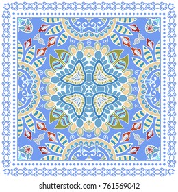 Decorative colorful background, geometric floral doodle pattern with ornate lace frame. Tribal ethnic mandala ornament. Bandanna shawl, tablecloth fabric print, silk neck scarf, kerchief design