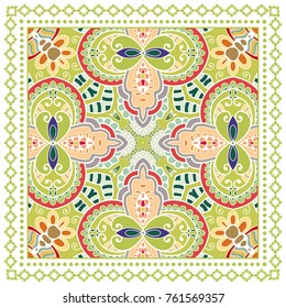 Decorative colorful background, geometric floral doodle pattern with ornate lace frame. Tribal ethnic mandala ornament. Bandanna shawl, tablecloth fabric print, silk neck scarf, kerchief design