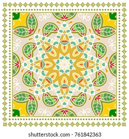 Decorative colorful background, geometric floral doodle pattern with ornate lace frame. Tribal ethnic mandala ornament. Bandanna shawl, tablecloth fabric print, silk neck scarf, kerchief design