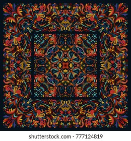 Decorative colorful background, geometric floral doodle pattern with ornate lace frame. Bandanna shawl, tablecloth fabric print, silk neck scarf, kerchief design