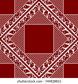 Decorative colorful background, geometric ornament with frame, border. Line art, lace, embroidery background.