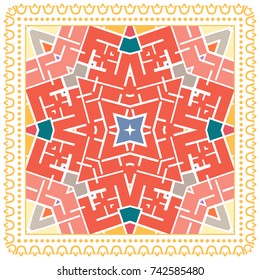 Decorative colorful background, geometric pattern with ornate lace frame. Tribal ethnic mandala ornament. Bandanna shawl, tablecloth fabric print, silk neck scarf, kerchief design