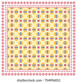 Decorative colorful background, geometric pattern with ornate lace frame. Tribal ethnic mandala ornament. Bandanna shawl, tablecloth fabric print, silk neck scarf, kerchief design