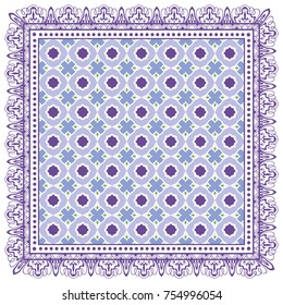 Decorative colorful background, geometric pattern with ornate lace frame. Tribal ethnic mandala ornament. Bandanna shawl, tablecloth fabric print, silk neck scarf, kerchief design