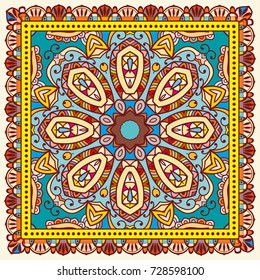 Decorative colorful background, hand drawn pattern with ornate frame. Tribal ethnic mandala ornament. Bandanna shawl, tablecloth fabric print, silk neck scarf, kerchief design. Fashion illustration