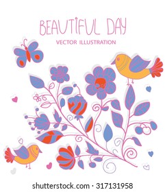 decorative colorful background with sprig of flowers birds and butterflies