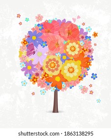 Decorative colorful blossom tree round shape with flying flowers against white grunge paper background for your design