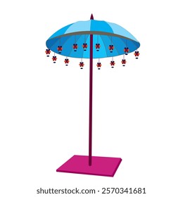 Decorative colorful blue umbrella with tassle hanging vector drops decor design illustration for Indian haldi mehendi ceremony and sangeet wedding invitation design 