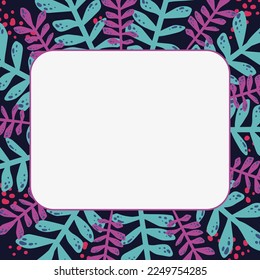 Decorative colorful botanical oval frame with purple and turquoise leaves vector, template for invitation, card