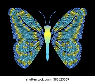 Decorative colorful butterfly, isolated on black background. Vector illustration.