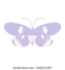 Decorative colorful butterfly with patterns, stamps spring flowers tulips.Vector graphics.