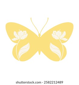 Decorative colorful butterfly with patterns, stamps spring flowers tulips.Vector graphics.