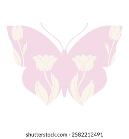 Decorative colorful butterfly with patterns, stamps spring flowers tulips.Vector graphics.