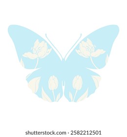 Decorative colorful butterfly with patterns, stamps spring flowers tulips.Vector graphics.
