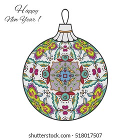 Decorative colorful Christmas ball with round floral doodle pattern. Happy New Year 2017 card template. Hand drawn artistic ethnic ornament. Isolated element for t-shirt print, poster, logo, tattoo