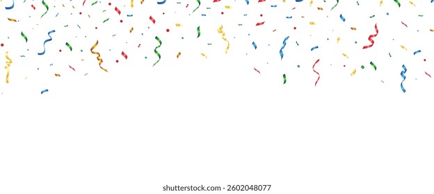 Decorative Colorful confetti border frame. Use for a birthday party or an event celebration invitation or decor. Celebration background template with confetti Colorful ribbons