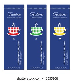 Decorative colorful cups vector doodle illustration, stylish banners, labels, designed template for green and black tea, coffee, party invitations or greeting cards, restaurant menu, healthy magazines