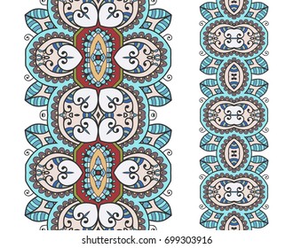 Decorative colorful doodle seamless borders set. Tribal ethnic arabic, indian, turkish frame ornament. Isolated design elements for invitation cards, fabric or paper print. Colorful fashion collection