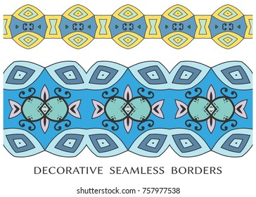 Decorative colorful doodle seamless borders set. Tribal ethnic arabic, indian, turkish frame ornament. Isolated design elements for invitation cards, fabric or paper print. Colorful fashion collection