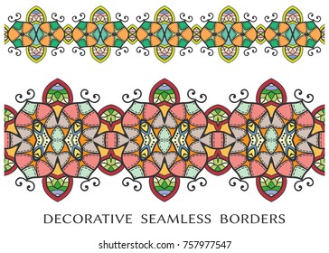 Decorative colorful doodle seamless borders set. Tribal ethnic arabic, indian, turkish frame ornament. Isolated design elements for invitation cards, fabric or paper print. Colorful fashion collection