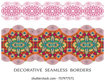 Decorative colorful doodle seamless borders set. Tribal ethnic arabic, indian, turkish frame ornament. Isolated design elements for invitation cards, fabric or paper print. Colorful fashion collection