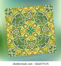 Decorative colorful doodle seamless pattern on a blurred background. Geometric floral repeating texture. Hand drawn fantasy abstract background with tribal ethnic ornament