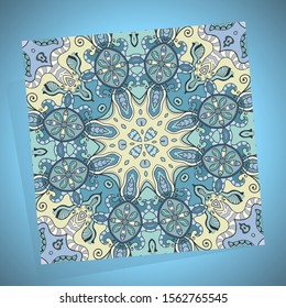 Decorative colorful doodle seamless pattern on a blue blurred background. Geometric floral repeating texture. Hand drawn fantasy abstract background with tribal ethnic ornament