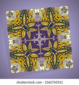 Decorative colorful doodle seamless pattern on a purple blurred background. Geometric floral repeating texture. Hand drawn fantasy abstract background with tribal ethnic ornament