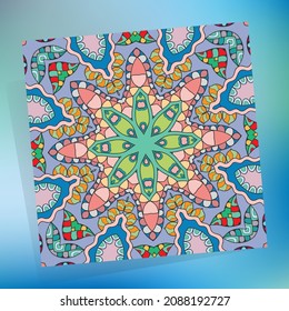 Decorative colorful doodle seamless pattern on a blurred blue background. Geometric floral repeating texture. Hand drawn fantasy abstract background with tribal ethnic ornament