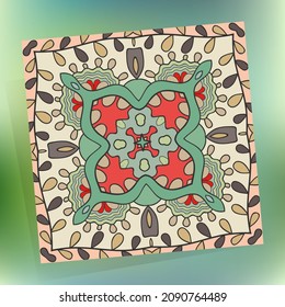 Decorative colorful doodle seamless pattern on a blurred green background. Geometric floral repeating texture. Hand drawn fantasy abstract background with tribal ethnic ornament