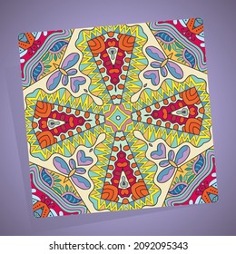 Decorativo doodle colorido sin fisuras sobre un fondo morado borroso. textura repetitiva floral geométrica. Fantasía dibujada a mano de fondo abstracto con adorno étnico tribal