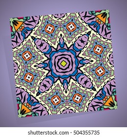 Decorative colorful doodle seamless pattern on a blurred background. Geometric floral repeating texture. Hand drawn fantasy abstract background with tribal ethnic ornament