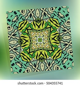 Decorative colorful doodle seamless pattern on a blurred background. Geometric floral repeating texture. Hand drawn fantasy abstract background with tribal ethnic ornament