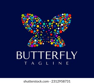 Decorative colorful dots butterfly logo design. Detailed circle butterfly logo.