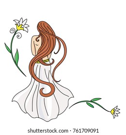 Decorative Colorful Drawing Of Young Woman With Long Brown Hair And Fancy Flowers Standing With Her Back - Vector Illustration Isolated On White Background