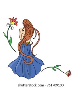 Decorative Colorful Drawing Of Young Woman With Long Brown Hair And Fancy Flowers Standing With Her Back - Vector Illustration Isolated On White Background