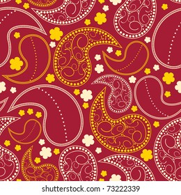 Decorative colorful elements and flowers on red background - seamless pattern