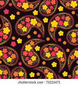 Decorative colorful elements and flowers on black background - seamless pattern